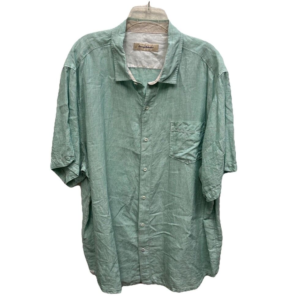 Tommy Bahama Men Linen Camp Shirt XXL Short Sleeve Button Green Pocket Resort